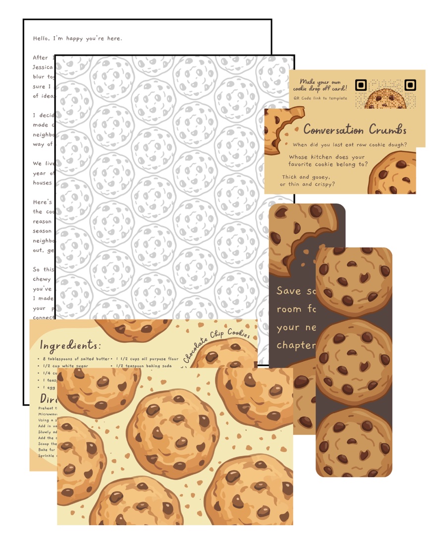 Everything in the first envelope laid out: the letter, an activity sheet, the Conversation Crumbs card, recipe cards, and two cookie bookmarks