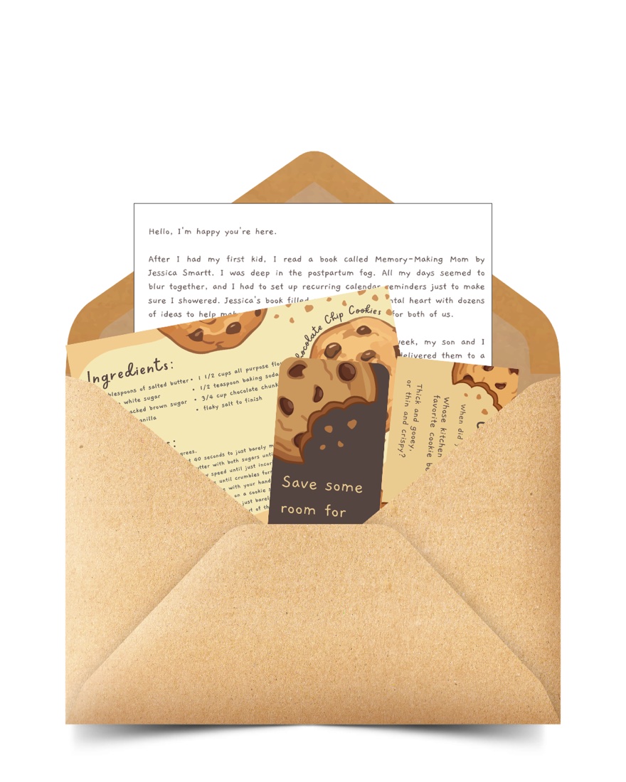 A kraft envelope opened to show the letter, recipe card, conversation card, and bookmark inside