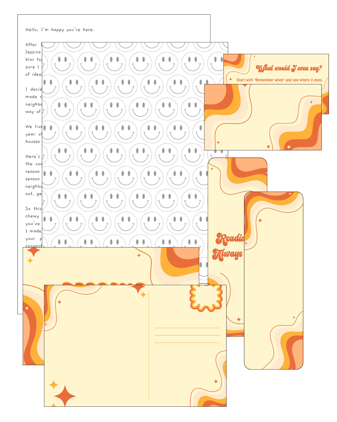 September's Passing Notes issue laid out: the letter, smiley-face writing paper, the 'What would I even say?' conversation card, a Passing Notes postcard, and a reading bookmark